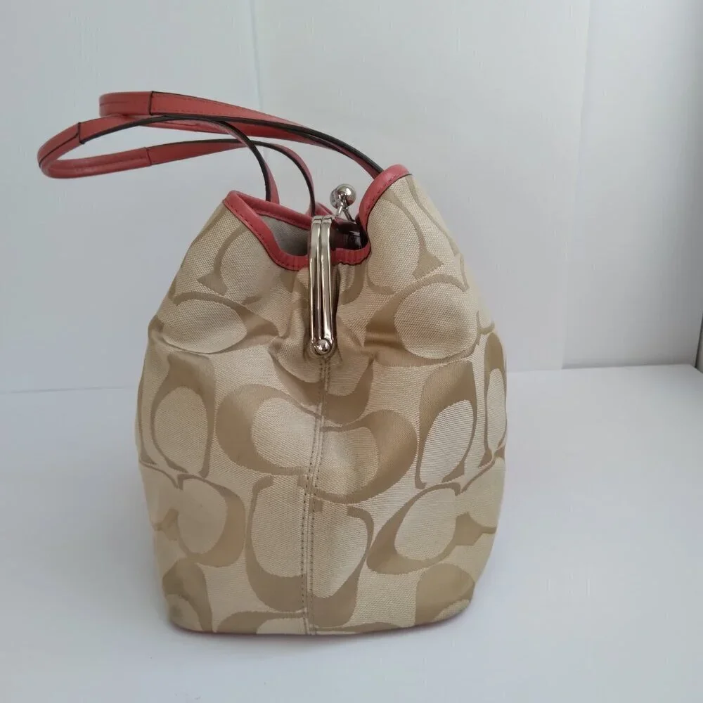 Coach Signature Stripe Kiss Lock Coral & Beige Frame Carryall Bag